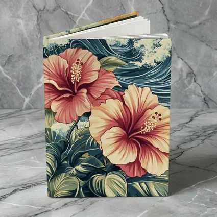 Hibiscus Flowers Ocean Waves Japanese Art Style