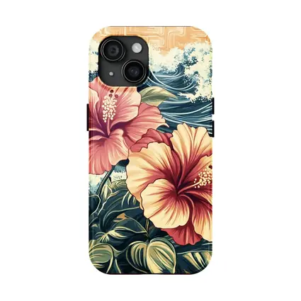 Hibiscus Flowers Ocean Waves Japanese Art Style