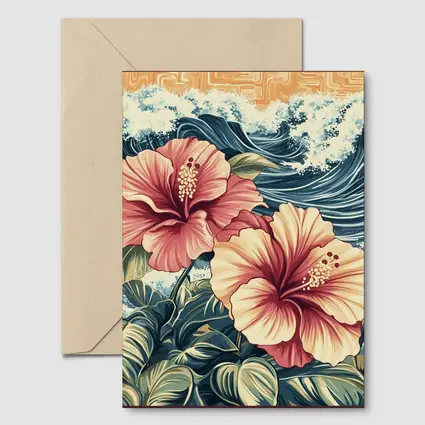 Hibiscus Flowers Ocean Waves Japanese Art Style