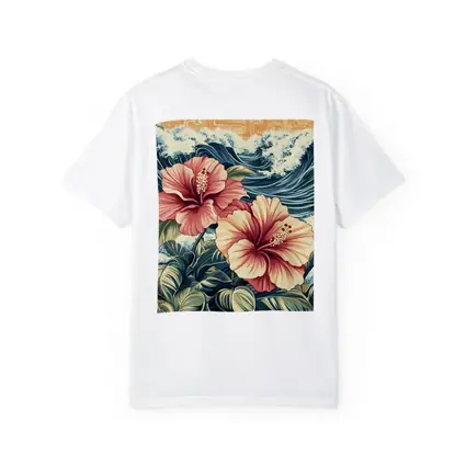 Hibiscus Flowers Ocean Waves Japanese Art Style