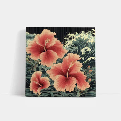 Hibiscus Flowers Japanese Wave Art Style