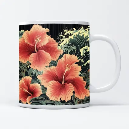 Hibiscus Flowers Japanese Wave Art Style