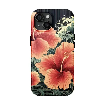 Hibiscus Flowers Japanese Wave Art Style