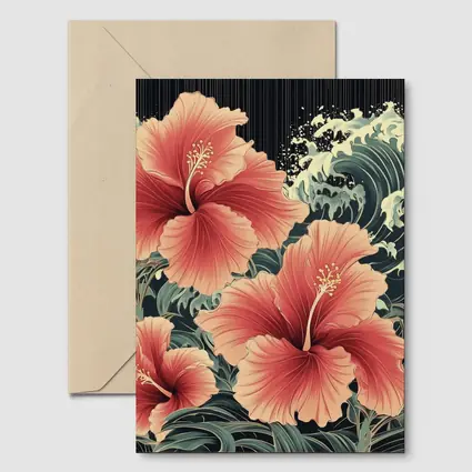 Hibiscus Flowers Japanese Wave Art Style