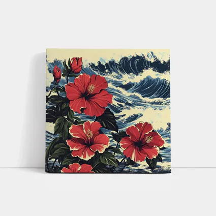 Red Hibiscus Flowers Ocean Waves Japanese Style