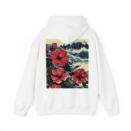 Red Hibiscus Flowers Ocean Waves Japanese Style
