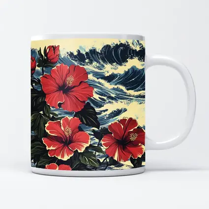 Red Hibiscus Flowers Ocean Waves Japanese Style