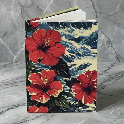 Red Hibiscus Flowers Ocean Waves Japanese Style