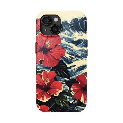 Red Hibiscus Flowers Ocean Waves Japanese Style