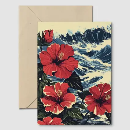 Red Hibiscus Flowers Ocean Waves Japanese Style