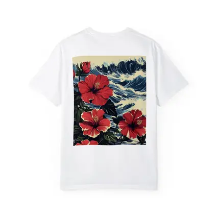 Red Hibiscus Flowers Ocean Waves Japanese Style