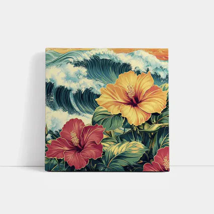 Tropical Hibiscus Flowers Ocean Waves Art