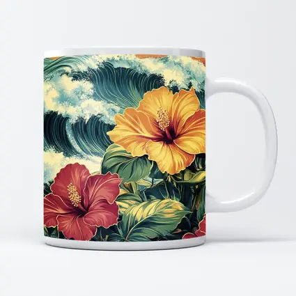 Tropical Hibiscus Flowers Ocean Waves Art