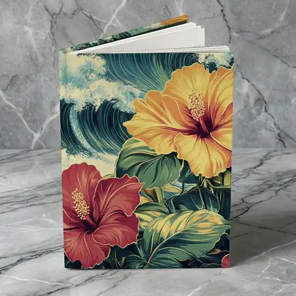 Tropical Hibiscus Flowers Ocean Waves Art