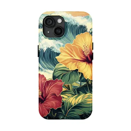 Tropical Hibiscus Flowers Ocean Waves Art