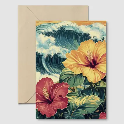 Tropical Hibiscus Flowers Ocean Waves Art