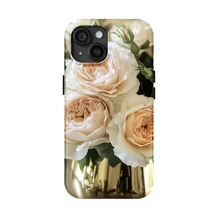 Peach Garden Roses Gold Vase Arrangement