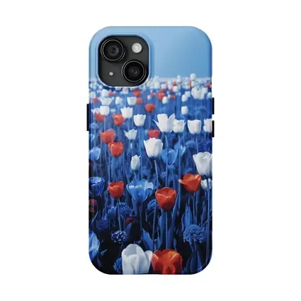 Red White Blue Tulips Field Clear Sky