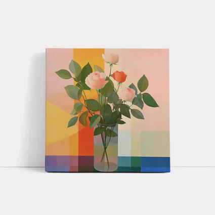 Roses in Glass Vase Geometric Color Background