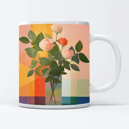 Roses in Glass Vase Geometric Color Background