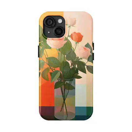 Roses in Glass Vase Geometric Color Background