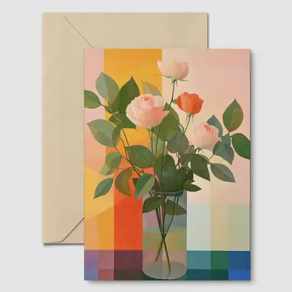 Roses in Glass Vase Geometric Color Background