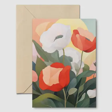 Red White Poppies Soft Pastel Background Art