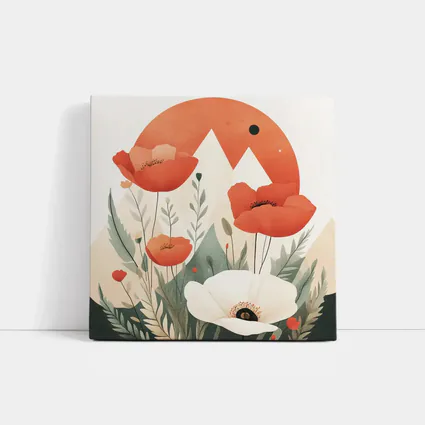 Red Poppies White Flower Mountain Sun Illustration