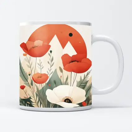 Red Poppies White Flower Mountain Sun Illustration