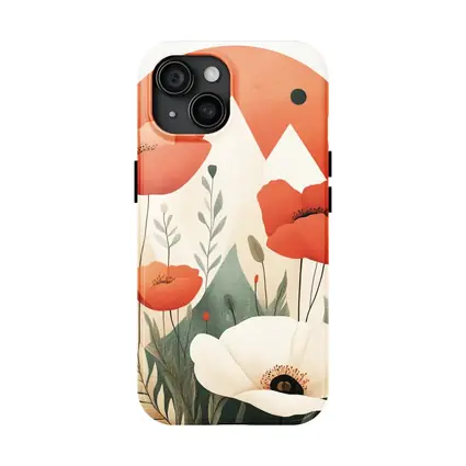 Red Poppies White Flower Mountain Sun Illustration