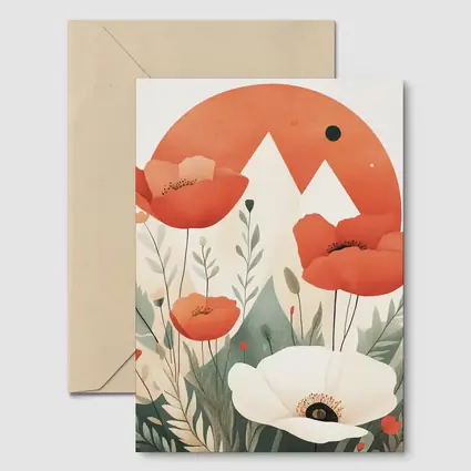 Red Poppies White Flower Mountain Sun Illustration