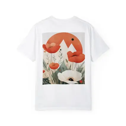 Red Poppies White Flower Mountain Sun Illustration