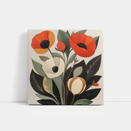 Red Poppies Botanical Illustration Dark Leaves