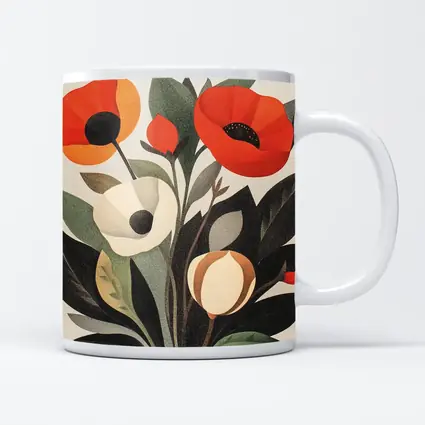 Red Poppies Botanical Illustration Dark Leaves