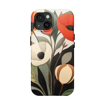 Red Poppies Botanical Illustration Dark Leaves