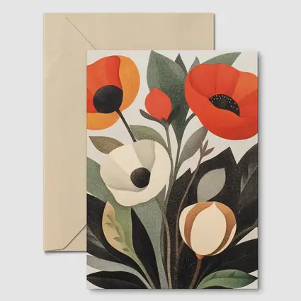 Red Poppies Botanical Illustration Dark Leaves