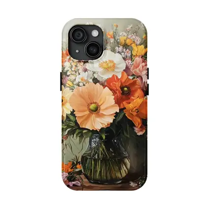 Orange Peach Wildflowers Bouquet Glass Vase Painting