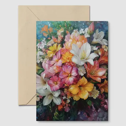Mixed Bouquet Floral Oil Painting Blue Background