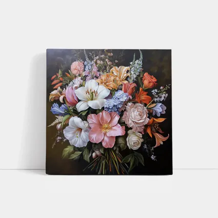 Mixed Flower Bouquet Dark Background Oil Painting