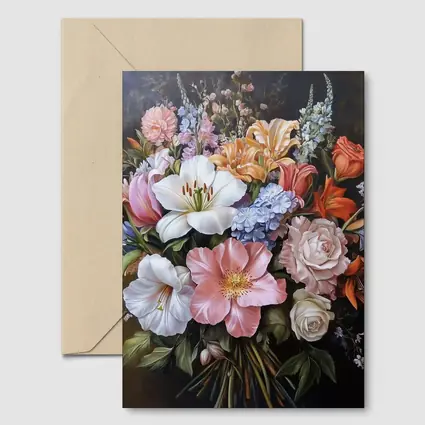 Mixed Flower Bouquet Dark Background Oil Painting