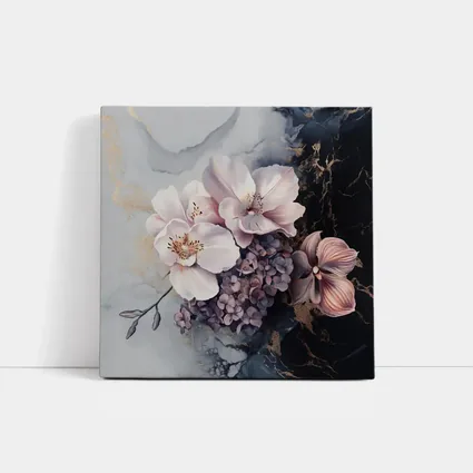 Pink Orchids Hydrangeas Dark Marble Gold Background