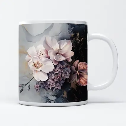 Pink Orchids Hydrangeas Dark Marble Gold Background