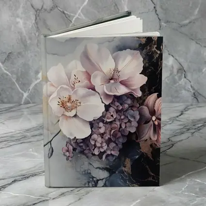 Pink Orchids Hydrangeas Dark Marble Gold Background