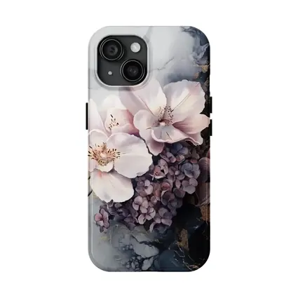 Pink Orchids Hydrangeas Dark Marble Gold Background