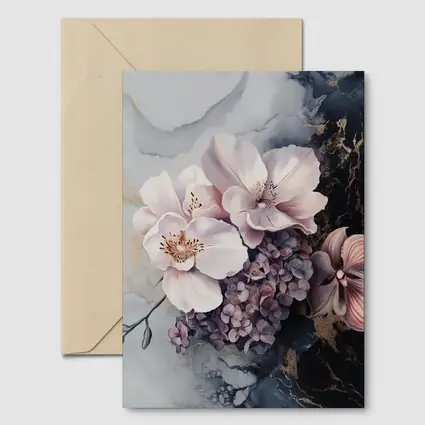 Pink Orchids Hydrangeas Dark Marble Gold Background