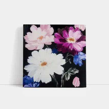 Pink White Purple Flowers Black Background Painting