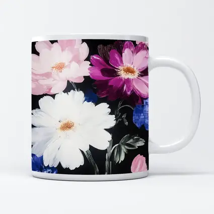 Pink White Purple Flowers Black Background Painting