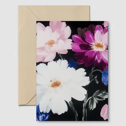 Pink White Purple Flowers Black Background Painting