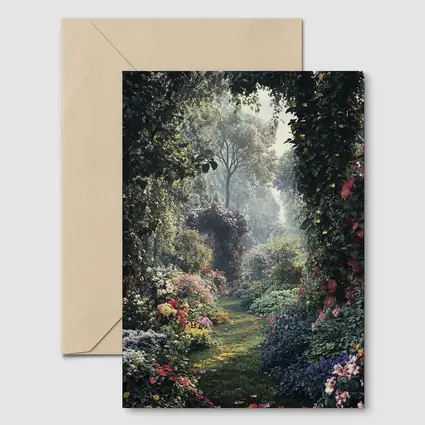Lush Garden Path Through Flowering Trees