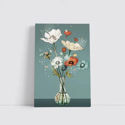 Poppy Bouquet In Glass Vase Teal